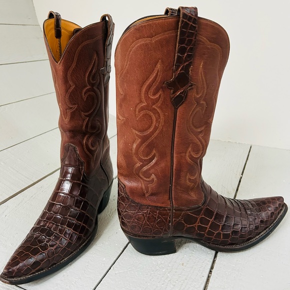 Men's Brown Leather Western Boots with Crocodile skin